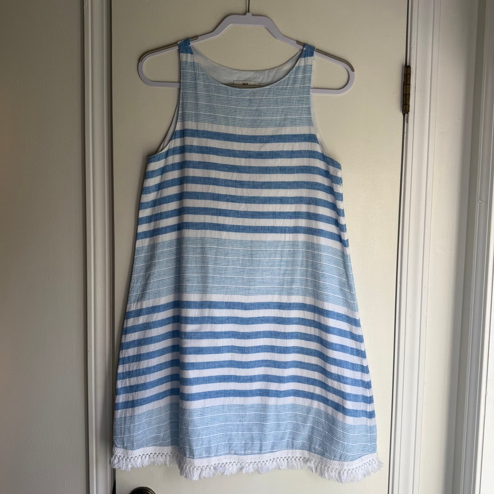 Vineyard Vines Blue White Striped Linen Blend Tassel Hem Shift Dress Size 4